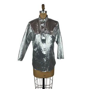 Vintage 80s Silver Shirt Womens L Metallic Button Down Long Sleeve Oversize Top